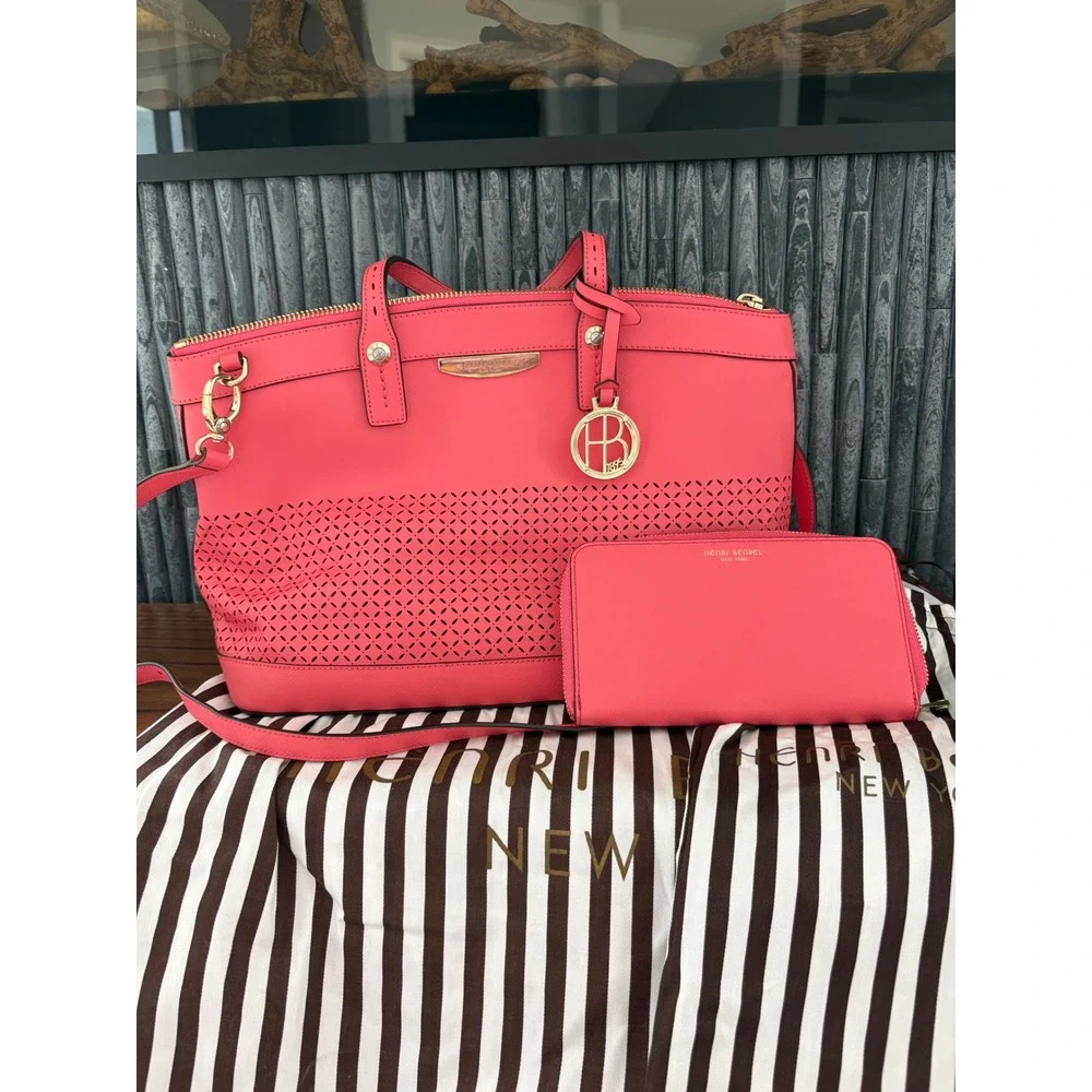 Henri Bendel West 57th Perforated Satchel and Wallet Set Coral Pink Saffiano